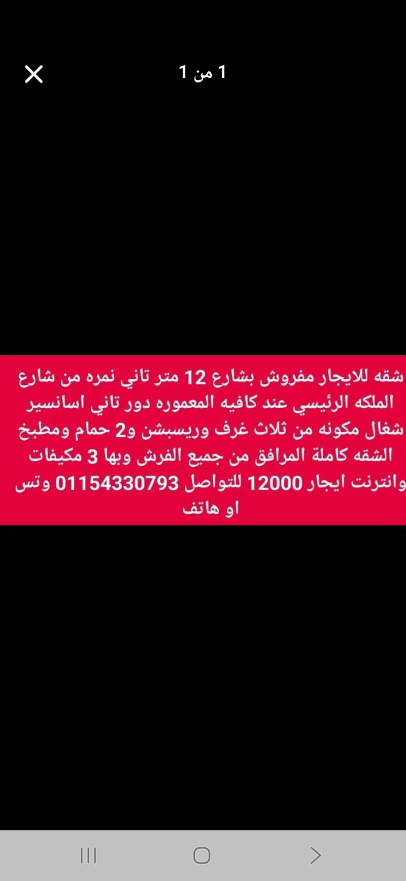 شقه للايجار مفروش متفرعه من شارع الملكه الريءيسي الطالبيه